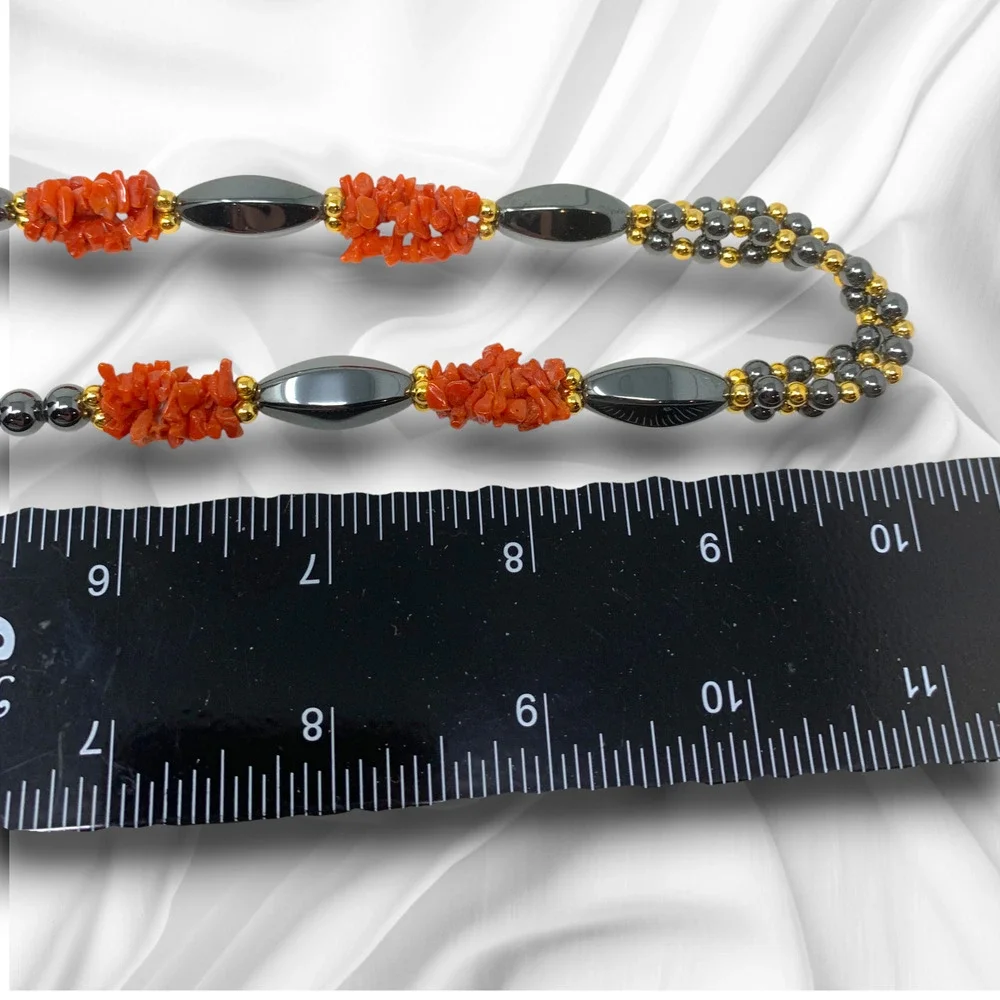 Vintage Y2K Hematite Red Coral Beaded Necklace Art Deco Nouveau Style Modernist